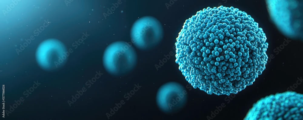 Poster blue exosome particles with three-dimensional sphere concept. close-up view of virus particles in a 