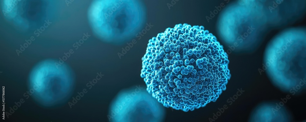 Poster blue exosome particles with three-dimensional sphere concept. 3d rendering of a blue virus particle 