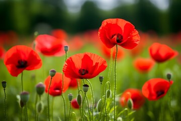 Fototapeta premium A field of red poppies with green grass. The flowers are in full bloom and the field is lush