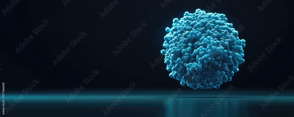 Poster blue exosome particles with three-dimensional sphere concept. a detailed representation of a blue ce