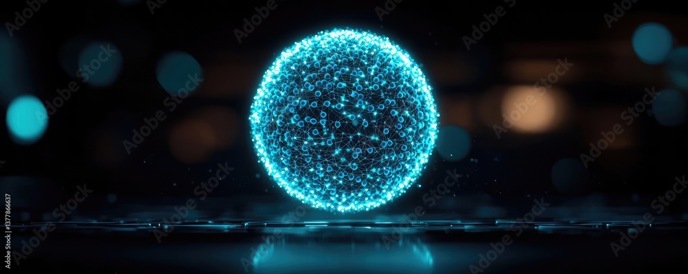 Poster blue exosome particles with three-dimensional sphere concept. abstract glowing sphere representing d