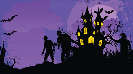 Spooky Halloween background with haunted house, 
pumpkins, and bats. Perfect for party invites, banners, and seasonal designs.