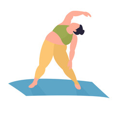 fat lady doing yoga pose triangle
