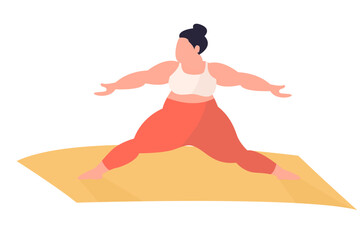 fat woman doing yoga pose warrior
