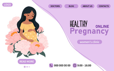 Banner with beautiful pregnant dark-skinned woman. Healthy pregnancy and motherhood concept. Web site page for mothers in purple colour.