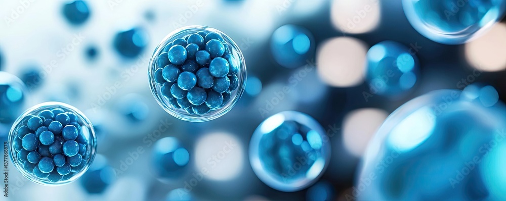 Poster blue exosome particles with three-dimensional research concept. close-up view of blue cells showcasi