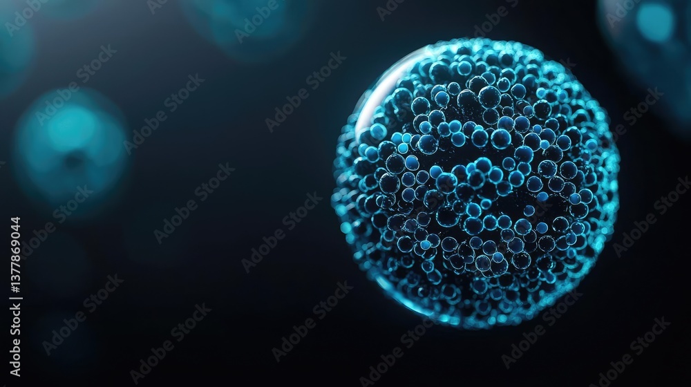 Poster blue exosome particles with three-dimensional sphere concept. abstract representation of cellular st