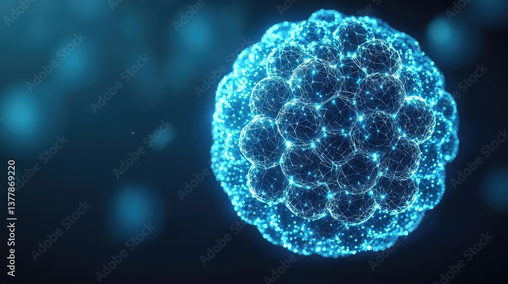 Poster blue exosome particles with three-dimensional sphere concept. microscopic view of a glowing cell rep