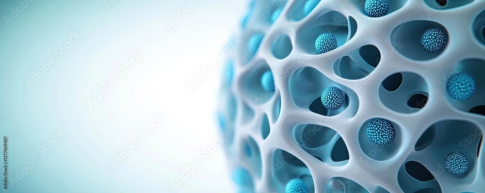 Poster blue exosome particles with three-dimensional sphere concept. close-up of a cellular structure showc