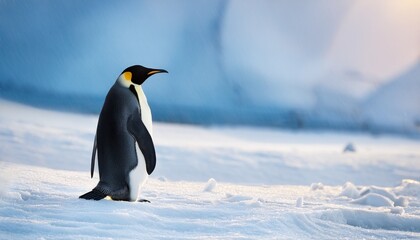 alone emperor penguin on snowy arctic landscape with ice crystals