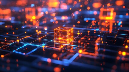 Obraz premium Illuminated Cubes: An abstract digital representation of illuminated cubes, forming an interconnected network that evokes the complexity and interconnectedness of technology.