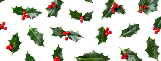 Flat lay of holly leaves and red berries on a white background