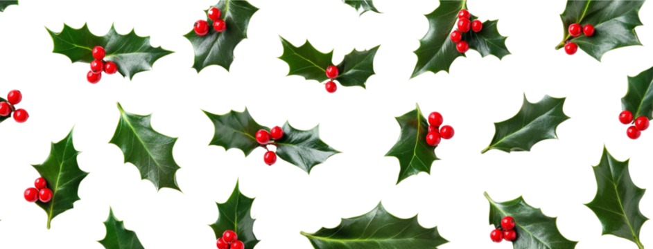 Flat lay of holly leaves and red berries on a white background - Powered by Adobe