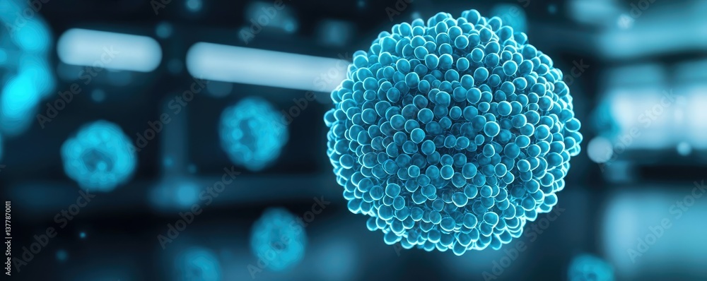 Poster blue exosome particles with three-dimensional sphere concept. close-up view of a microscopic virus i