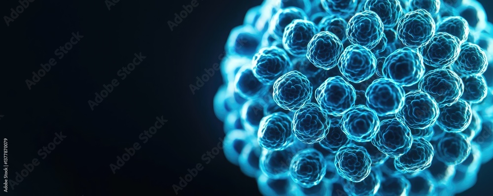 Poster blue exosome particles with three-dimensional sphere concept. close-up view of a glowing cell struct