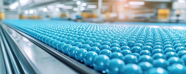 Fototapeta premium Blue exosome particles with three-dimensional research concept. Close-up of blue balls on a conveyor belt in a factory setting.