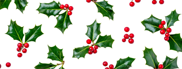 Flat lay of holly leaves and red berries on a white background