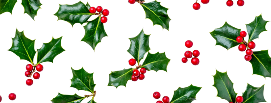Flat lay of holly leaves and red berries on a white background