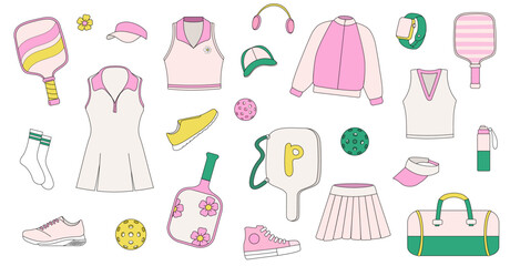 Set of retro-style pickleball gear and apparel, featuring paddles, balls, clothing, and accessories in pastel tones with vintage-inspired designs