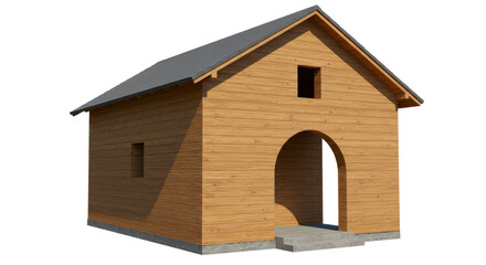 Isolated wooden barn with arched entrance