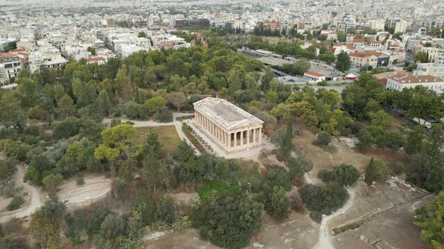 Ancient Temple Of Hephaestus Athens Greece Drone Rotate High Angle 4K 60FPS