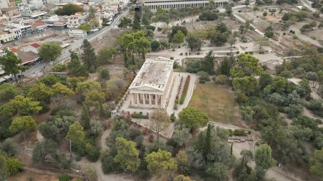 Well Preserved Temple Of Hephaestus Athens Greece Drone Circling 4K 60FPS