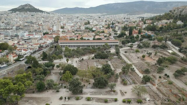 Stoa Of Attalos And Temple Of Hephaestus Athens Greece Drone Track Back 4K 60FPS