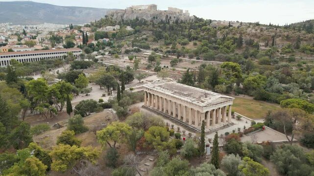 Temple Of Hephaestus Athens Greece Acropolis Drone Rise 4K 60FPS