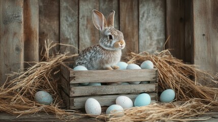 Easter Bunny in a Rustic Wooden Crate with Pastel Eggs