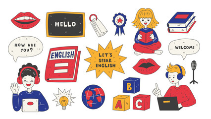 Fototapeta premium Learning English Elements Set. Whimsical Hand drawn Foreign Language studying doodle stickers. Human with book laptop Phrase Symbols. Vector illustration