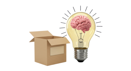 Isolated Brain Idea Inside Light Bulb Leaping Out of Box