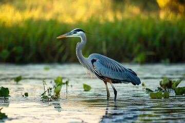 Obraz premium Great Blue Heron Standing Calmly in Water with Natural Wetland Background
