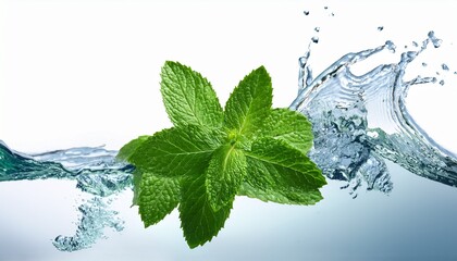 fresh mint leaves splashing into water isolated on white background