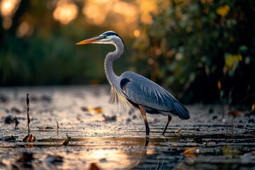 Naklejka premium Great Blue Heron Wading in Water at Sunset Wildlife Image