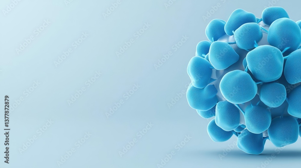 Poster blue exosome particles with three-dimensional sphere concept. microscopic view of a blue cellular st