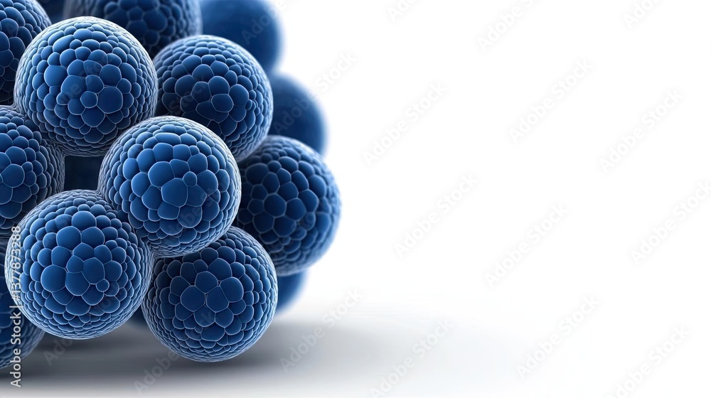 Poster blue exosome particles with three-dimensional sphere concept. close-up view of blue cellular structu
