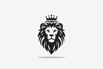  minimalist silhouette of lion's head front with a crown on its head as logo style in black and white