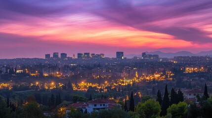Fototapeta premium Twilight Cityscape: A Breathtaking Panorama of Urban Lights Against a Vibrant Sunset
