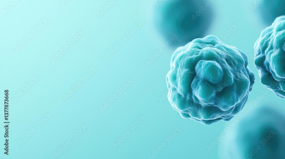 Poster blue exosome particles with three-dimensional sphere concept. close-up view of colorful cells floati