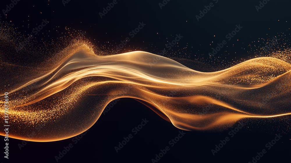Poster golden dust wave: a mesmerizing display of shimmering particles undulates across a dark canvas, evok