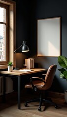 Fototapeta premium - Dark wooden corner with open space office desk, chair, and poster, chair, poster