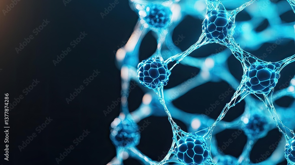 Poster blue exosome particles with three-dimensional research concept. close-up image of intricate molecula