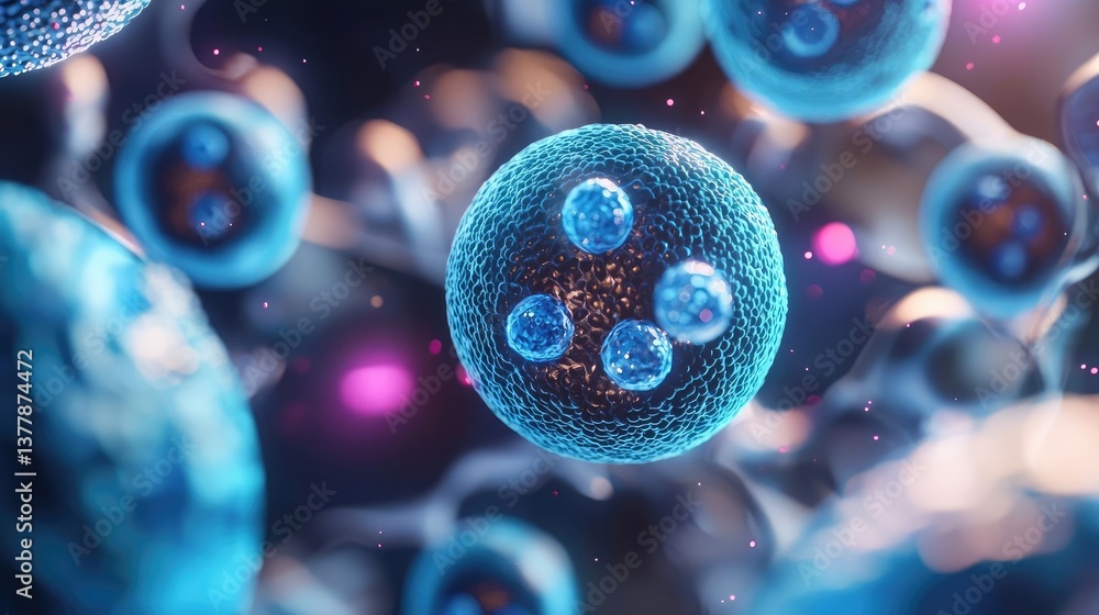 Poster blue exosome particles with three-dimensional skincare concept. close-up view of colorful cells unde