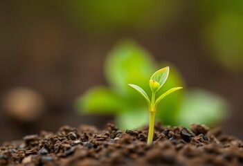 Fototapeta premium Close-up of a vibrant young sprout emerging from rich soil against a soft green blurred background, healthy, gardening