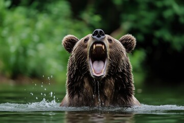 Obraz premium Growling Brown Bear Emerging From Water with Open Mouth and Teeth