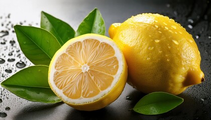 fresh ripe lemons cut in half with water drops and green leaves ai generation