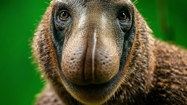 Intimate Gaze: The intense close-up captures the inquisitive gaze of a tree-kangaroo, set against a vibrant green backdrop, drawing the viewer into a world of curiosity and wonder.