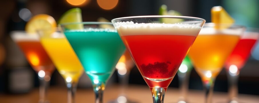 Close-up of assorted cocktail glasses filled with different colored drinks, variety, colorful