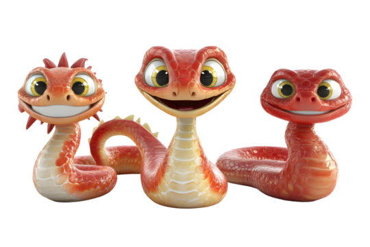 Cute 3D Cartoon Snakes With Smiling Faces On Transparent Background - Powered by Adobe