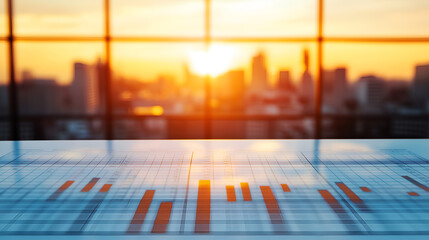 an early morning view of a cityscape with financial graphs in foreground